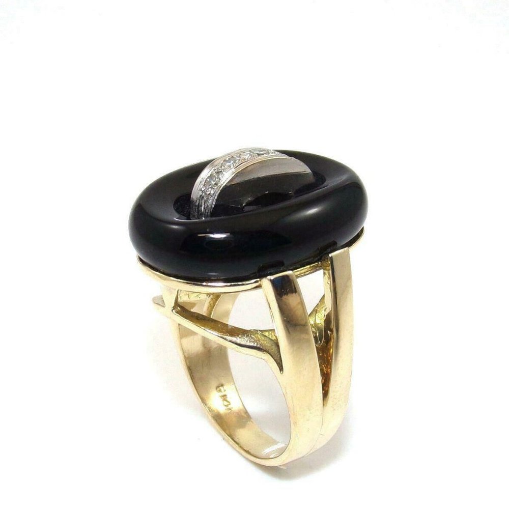 14K Gold Onyx Diamond Modernist Statement Ring 6